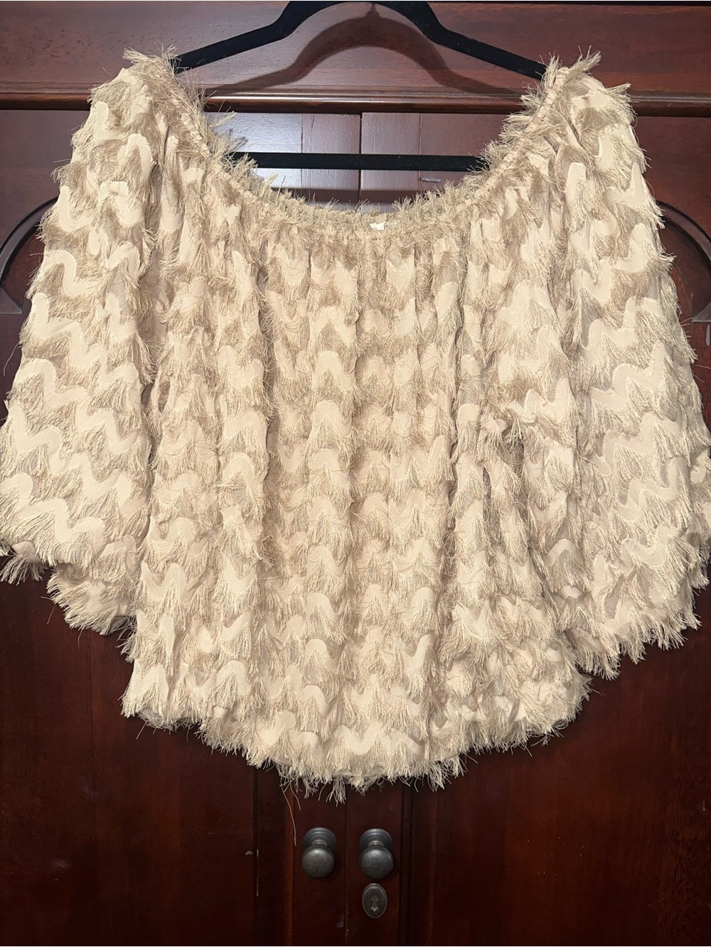 NWT Easel Beige Textured Fringe Off-Shoulder Women's Top